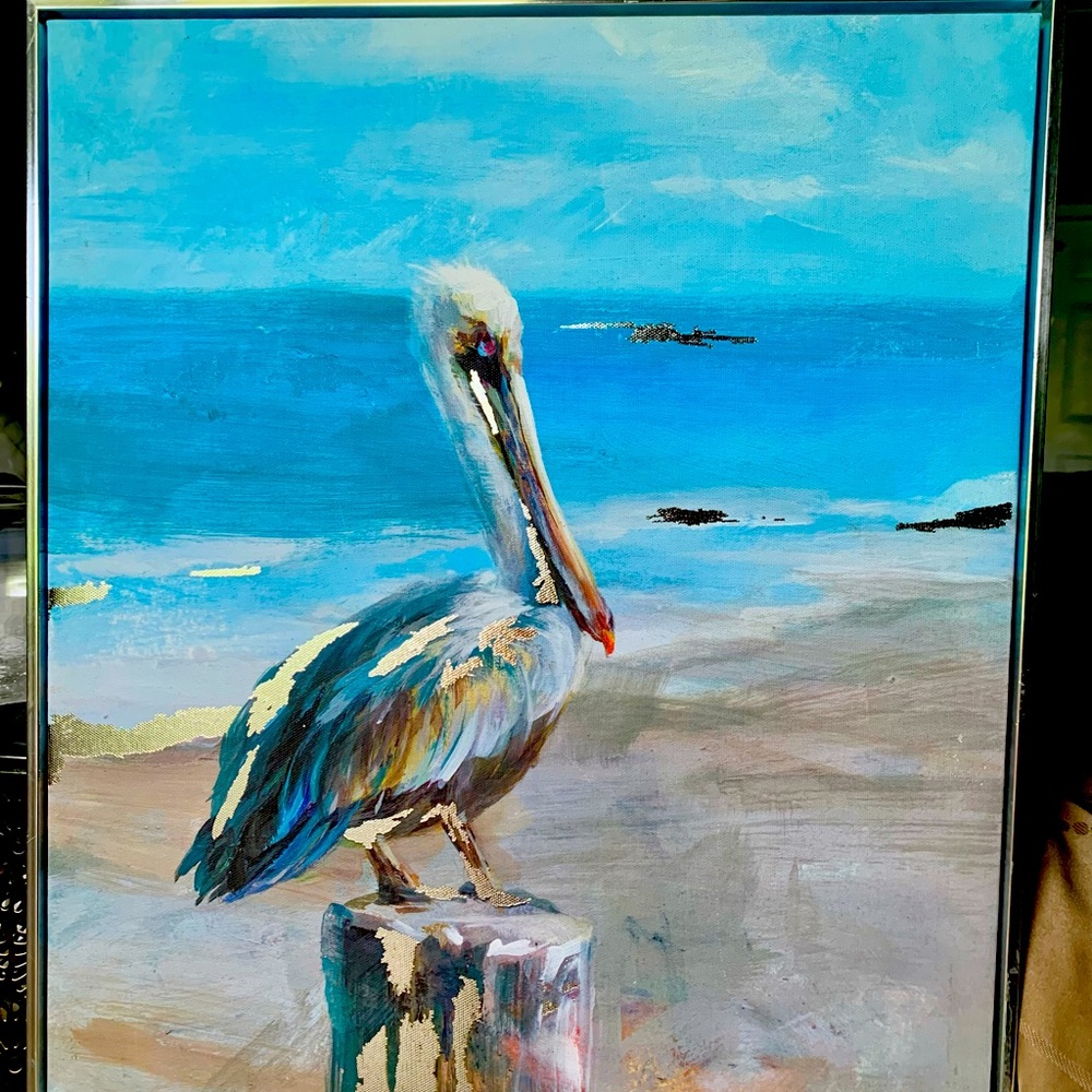 Oil Painting, Vintage Stupell Pelican Perched by the Ocean